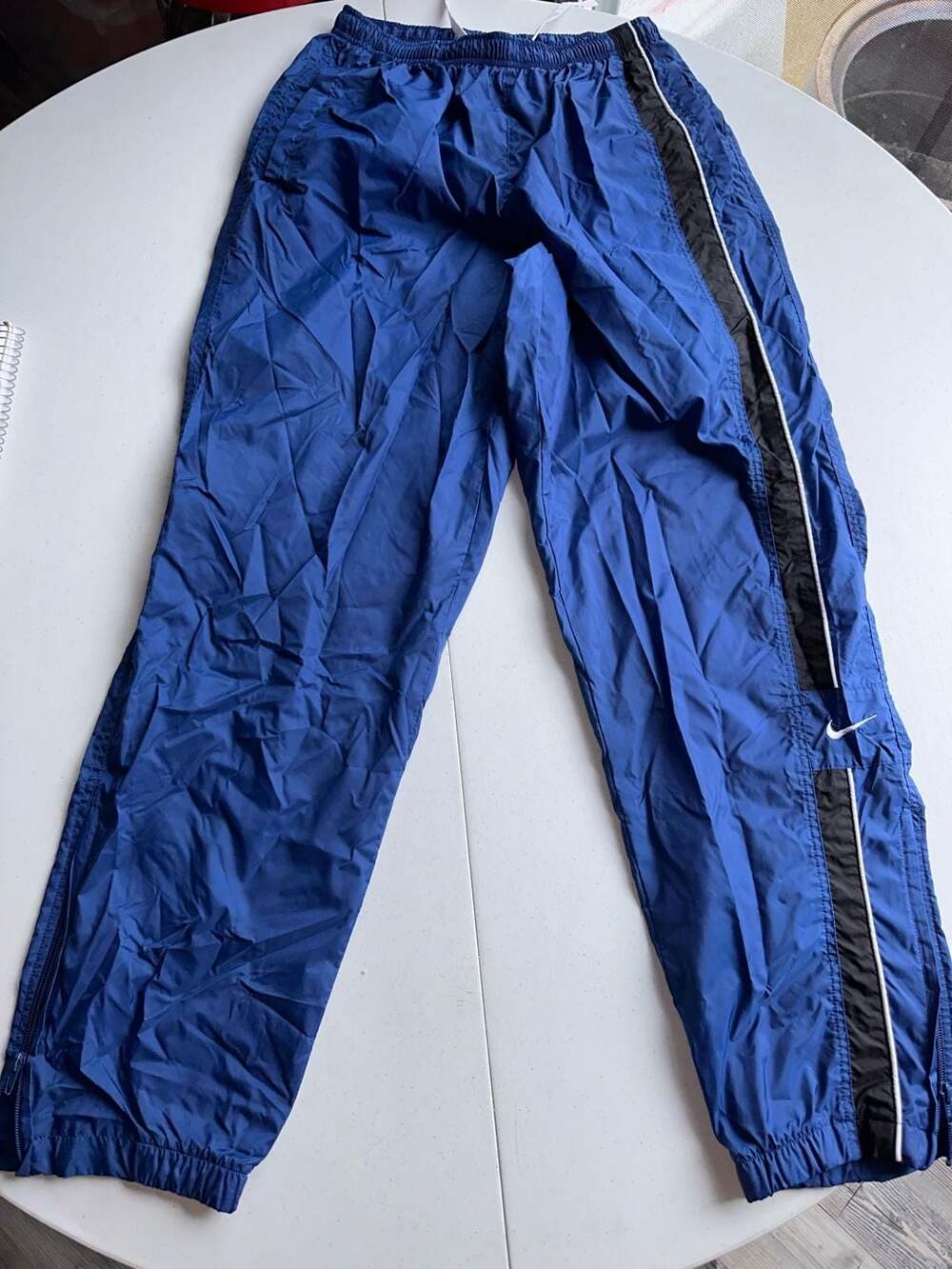 Vintage Nike Nylon Track Pants Blue with Black Side Stripe and Zip Ankles